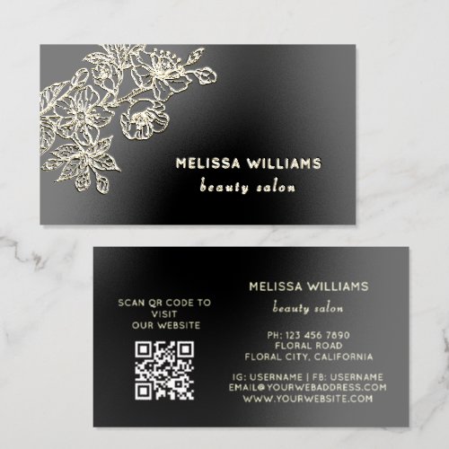 Gold Foil Black Line Art Floral  | QR Code Spot Gloss Business Cards