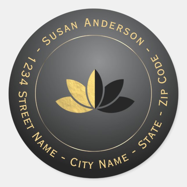 Gold Foil & Black Lotus Flower Address Label (Front)