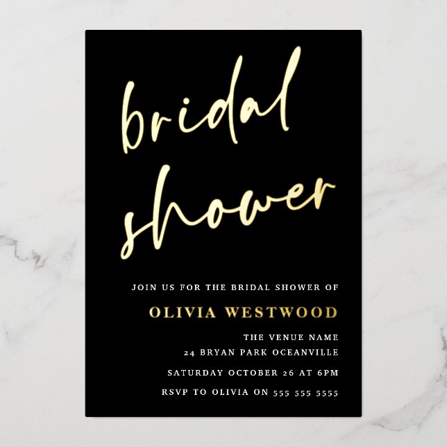 Gold Foil & Black Modern Bridal Shower Golden  Foil Invitation (Front)
