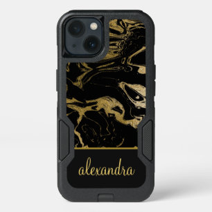 Gold Foil - Black Modern Elegant Marble Monogram iPhone 13 Case