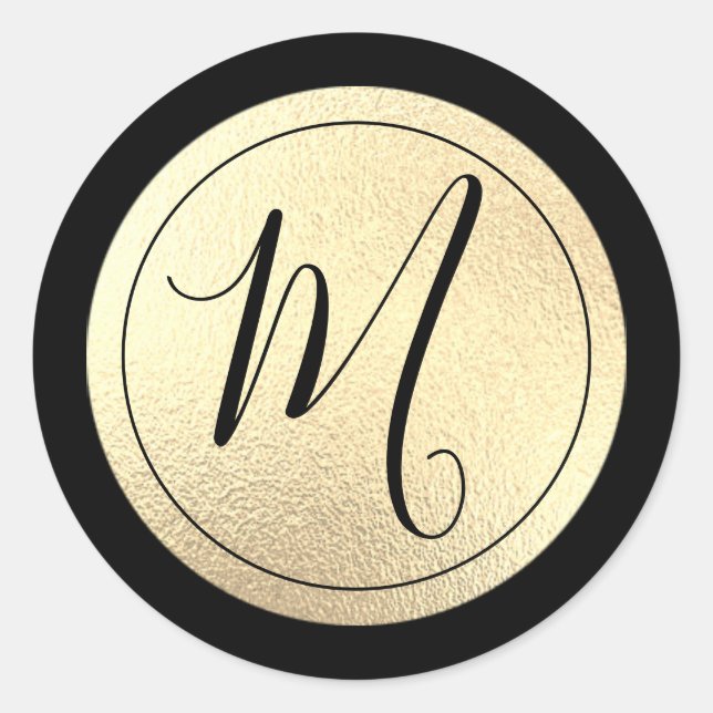 Gold Foil Black Monogram Classic Round Sticker (Front)