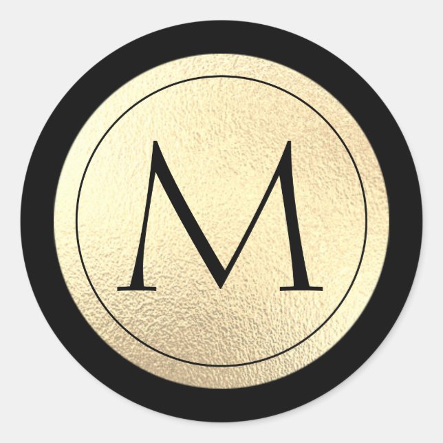 Gold Foil Black Monogram Classic Round Sticker (Front)