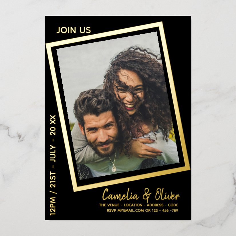 GOLD FOIL Black PHOTO Wedding QR Code Dripping Foi Foil Invitation