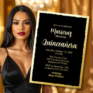 Gold Foil Black Quinceañera Photo Invitation