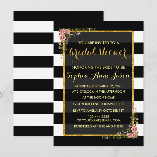 Gold Foil Black Stripes Bridal Shower Invite (Front/Back)