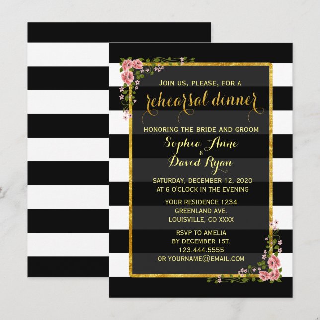 Gold Foil Black Stripes Rehearsal Dinner Invite (Front/Back)
