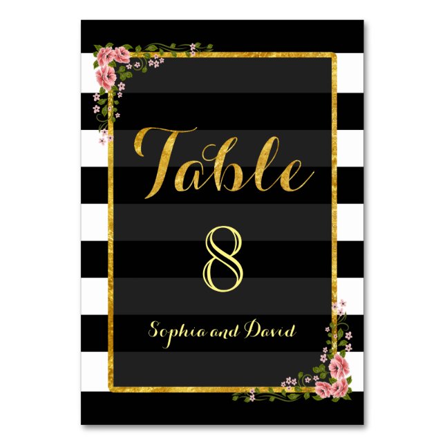 Gold Foil Black Stripes Wedding TABLE NUMBER (Front)