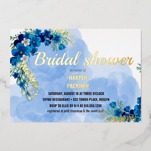 Gold foil blue flower bridal shower invitation foil invitation (Front)