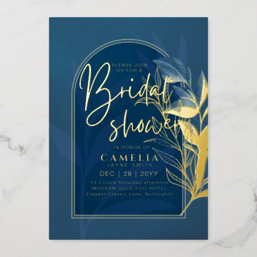 GOLD FOIL Blue Leaves BRIDAL SHOWER QR Code Foil I Foil Invitation