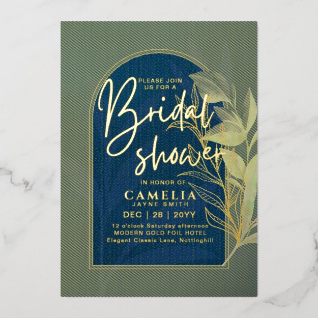 GOLD FOIL Blue Leaves BRIDAL SHOWER QR Code Foil I Foil Invitation