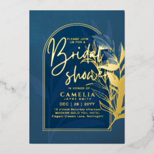 GOLD FOIL Blue Leaves BRIDAL SHOWER QR Code Foil I Invitation