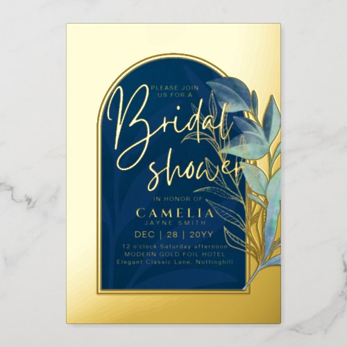 GOLD FOIL Blue Leaves BRIDAL SHOWER QR Code Foil Invitation