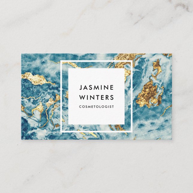 Gold foil blue marble watercolor minimal glamour business card (Front)