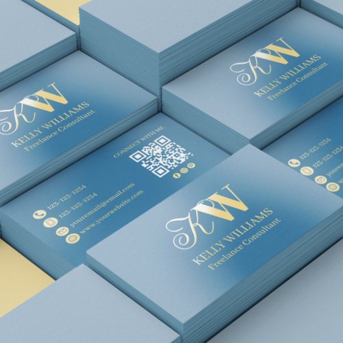 Gold Foil Blue Monogram Minimalist QR Code Business Cards