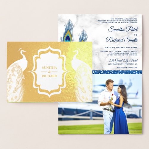Gold Foil Blue Peacock Feathers Wedding Invitation