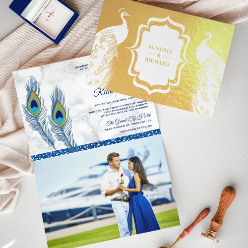 Gold Foil Blue Peacock Feathers Wedding Invitation