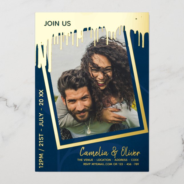 GOLD FOIL Blue PHOTO Wedding QR Code Dripping Invitation (Front)