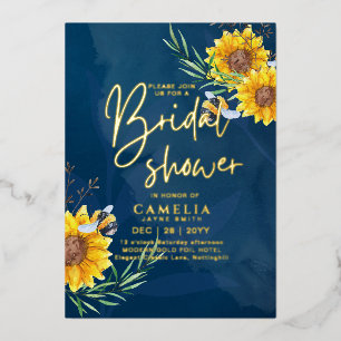 GOLD FOIL Blue Sunflowers BRIDAL SHOWER QR Code Fo Invitation