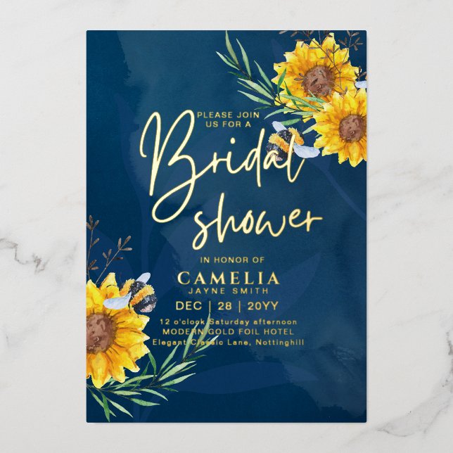 GOLD FOIL Blue Sunflowers BRIDAL SHOWER QR Code Fo Invitation (Front)