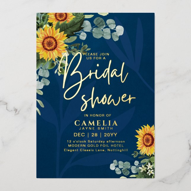 GOLD FOIL Blue Sunflowers BRIDAL SHOWER QR Code Fo Invitation (Front)