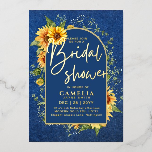 GOLD FOIL Blue Sunflowers BRIDAL SHOWER QR Code Invitation (Front)