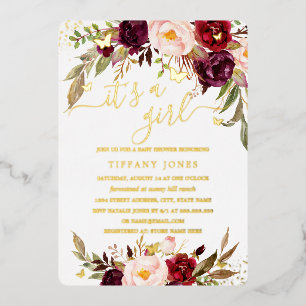 GOLD FOIL Blush Burgundy Floral Baby Shower Foil Invitation