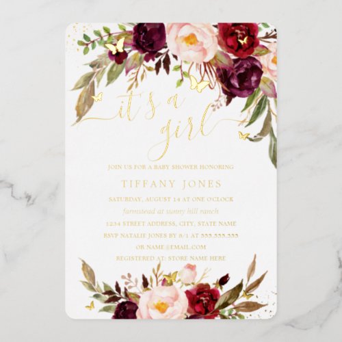 GOLD FOIL Blush Burgundy Floral Baby Shower  Foil Invitation