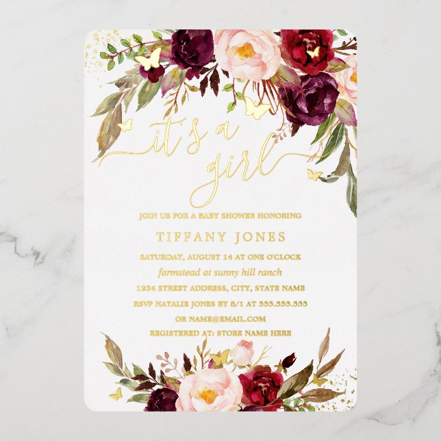 GOLD FOIL Blush Burgundy Floral Baby Shower  Foil Invitation (Front)