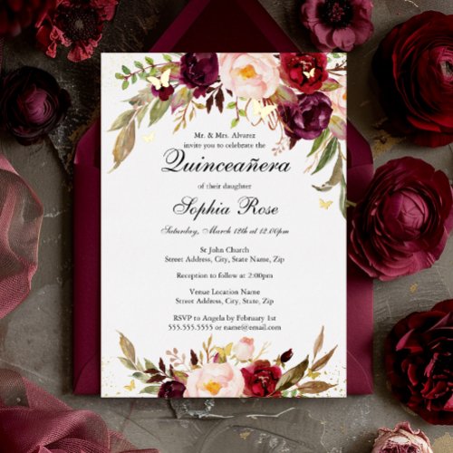 GOLD FOIL Blush Burgundy Floral Quinceanera  Foil Invitation