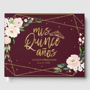 Gold Foil Blush Burgundy Floral Quinceanera Guest Book