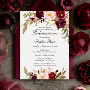 GOLD FOIL Blush Burgundy Floral Quinceanera Invitation
