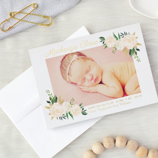 Gold Foil Blush Floral Photo Birth Announcement (Creator Uploaded)