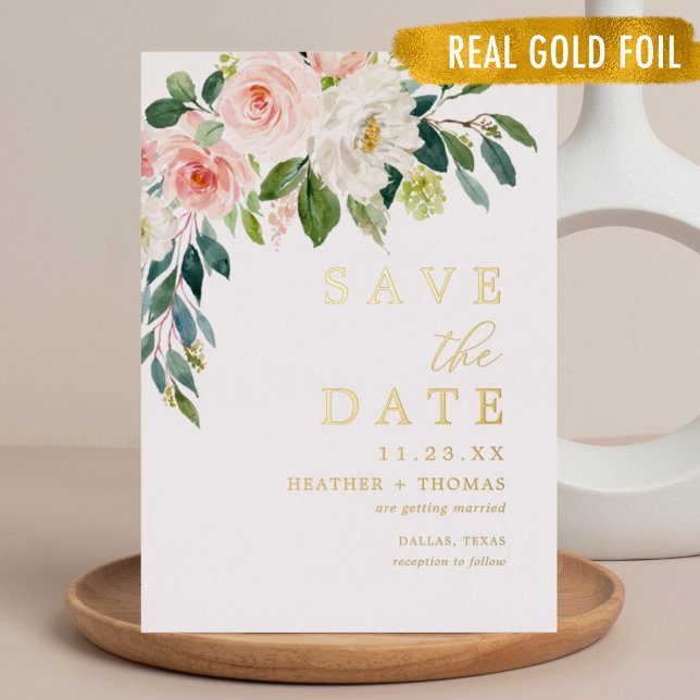 Gold Foil Blush Floral Save The Dates Foil Invitation (Creator Uploaded)