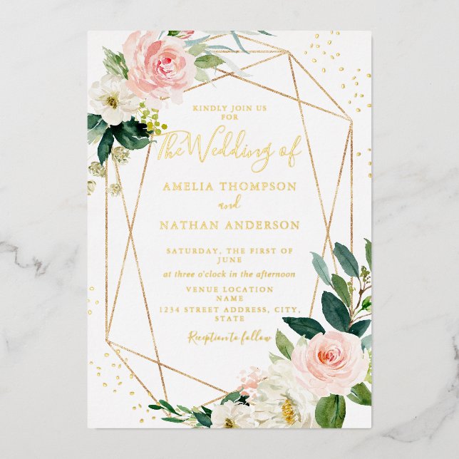 GOLD FOIL Blush Floral Wedding  Foil Invitation (Front)