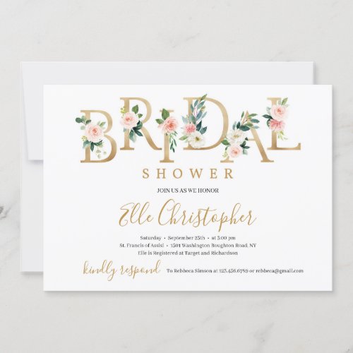 Gold foil blush pink floral letters bridal invite