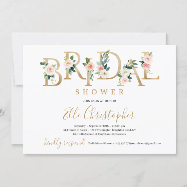 Gold Foil Blush Pink Floral Letters Bridal Invite Zazzle