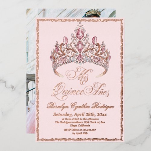 Gold Foil Blush Pink Tiara Quinceanera Photo Invitation