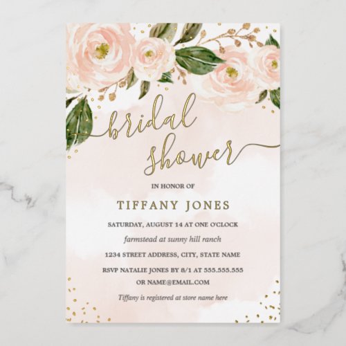 gold Foil Blush Watercolor Floral Bridal Shower Foil Invitation