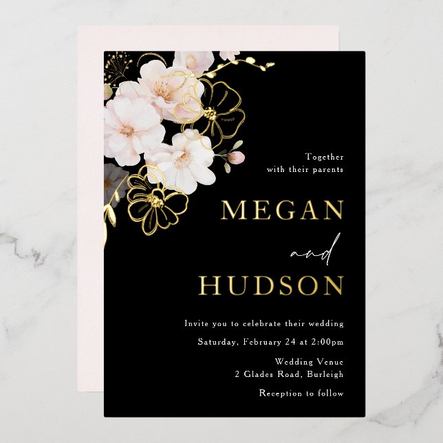 Gold Foil & Blush Wildflowers Wedding Foil Invitation (Front/Back)