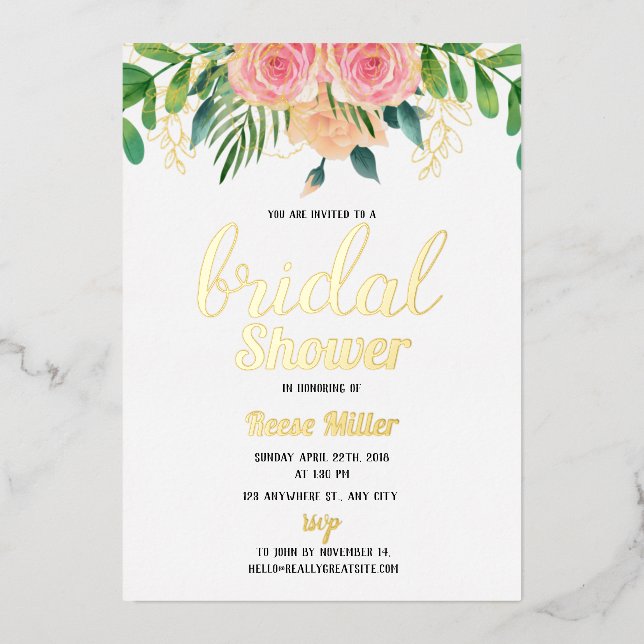 Gold foil boho floral bridal shower invitation (Front)