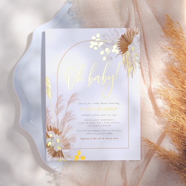 Gold Foil | Boho Pampas Arch Girl Baby Shower Foil Invitation (Creator Uploaded)