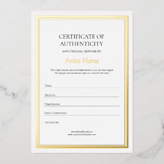 Gold Foil Border Certificate of Authenticity Art Invitation (Front)