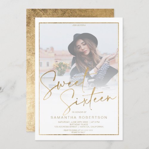 Gold foil border chic calligraphy photo Sweet 16 Invitation