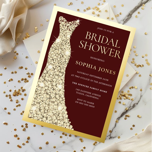 Gold Foil Border Dress Burgundy Bridal Shower Foil Invitation (Creator Uploaded)