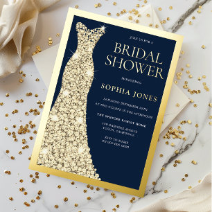 Gold Foil Border Dress Navy Bridal Shower Golden Invitation