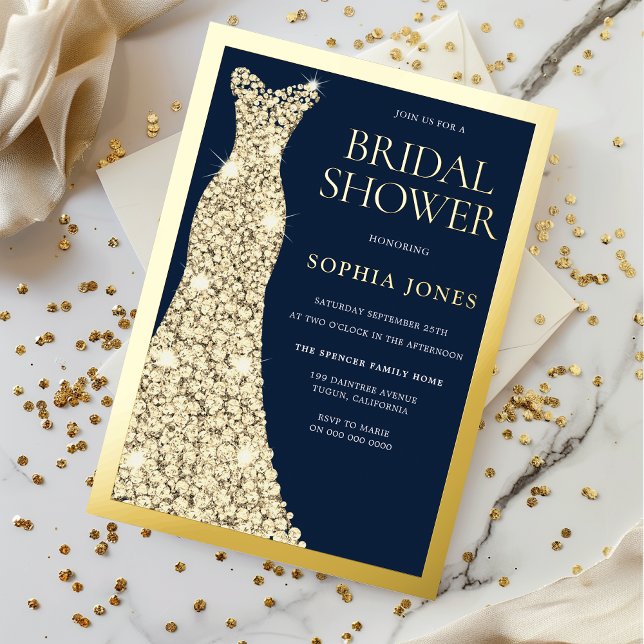 Gold Foil Border Dress Navy Bridal Shower Golden Invitation (Creator Uploaded)