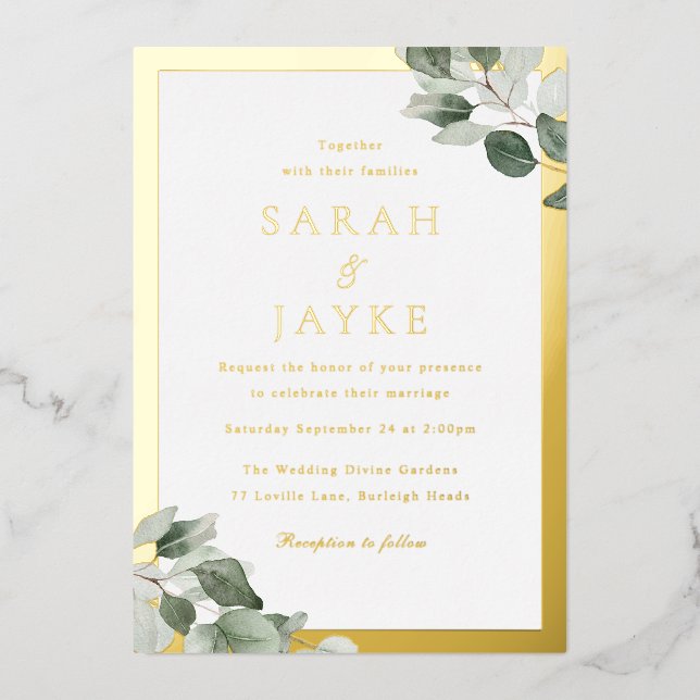 Gold Foil Border Green Leaves Elegant Wedding Foil Invitation (Front)