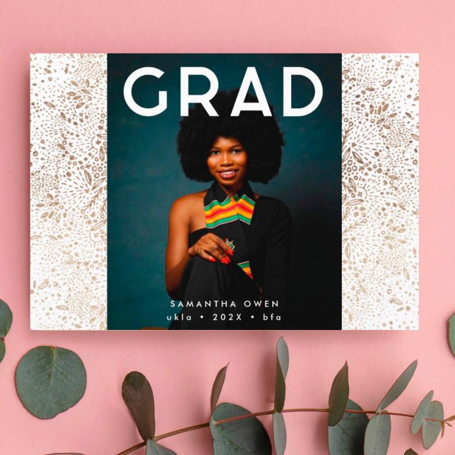 Gold Foil Botanicals and Black Text Grad Photo Ann Announcement (Creator Uploaded)