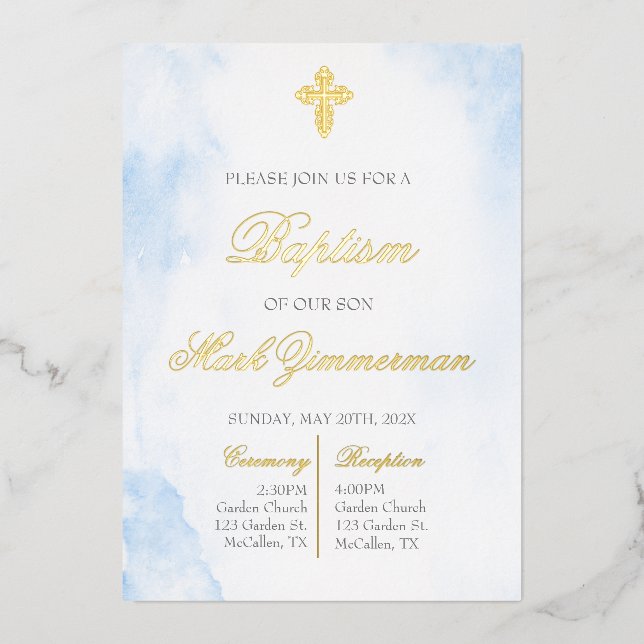 Gold foil boy baptism  foil invitation (Front)