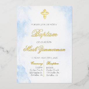 Gold foil boy baptism invitation